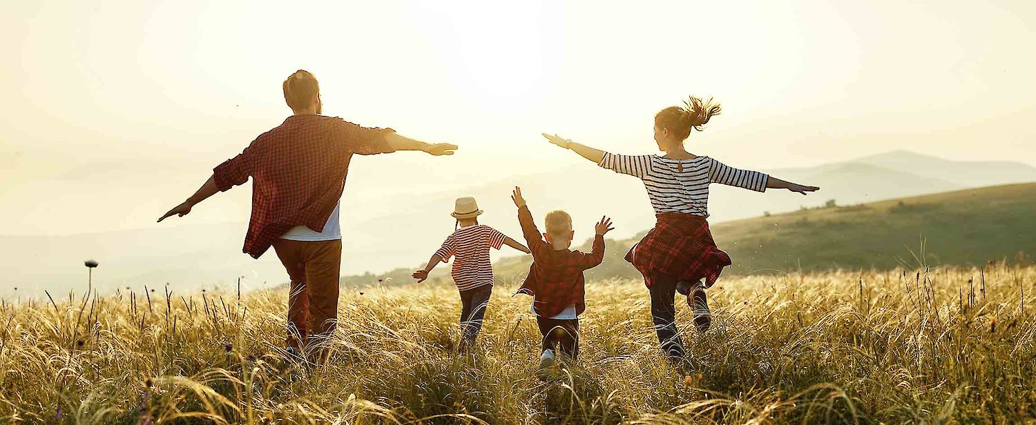 glückliche Familie läuft über ein Feld Richtung Sonnenuntergang