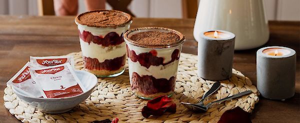 Vegan tearamisu with cherries and YOGI TEA® Choco
